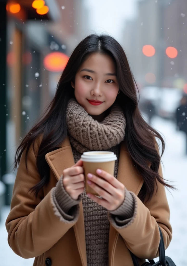 Young woman in a brown coat and scarf holding a coffee, cute woman, standing in a city street, winter vibes, in the snow, cold weather. KickyVerse