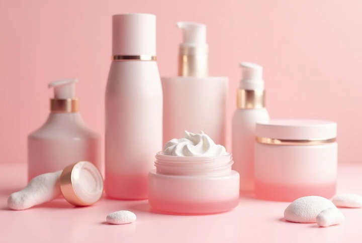 a close up of a variety of skin care products on a pink surface, photoshoot for skincare brand, products shot. KickyVerse.