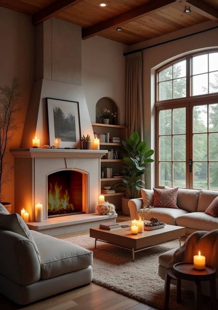 living room with a fireplace, cozy living room interior, cozy living room. KickyVerse.